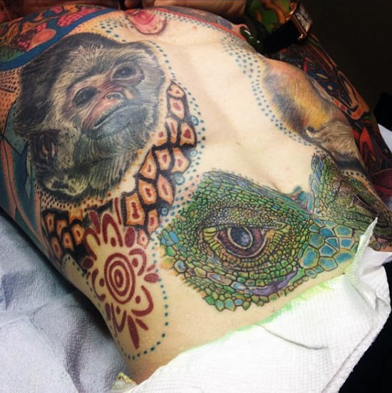 Festive Chimpanzee And Lizard Tattoo Mens Torso