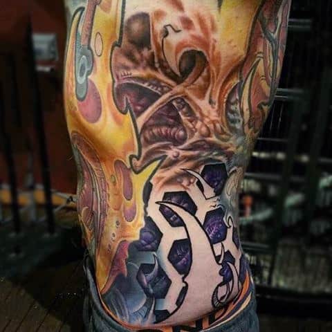 Fiery Violent Honeycomb Tattoo Male Side Ribs