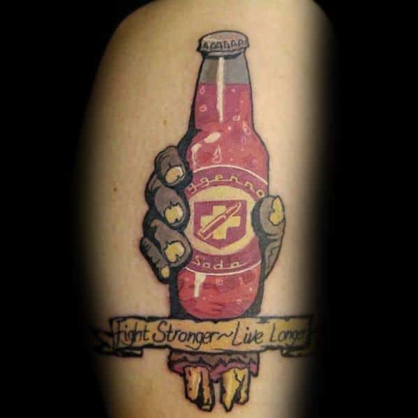 Colorful Call of Duty Jugger-Nog Perk-a-Cola tattoo featuring a zombie hand holding the bottle with a banner reading "Fight Stronger ~ Live Longer."