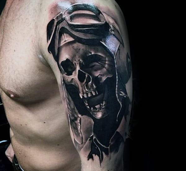 Fighter Pilot 3d Realistic Mens Skull Arm Tattoo