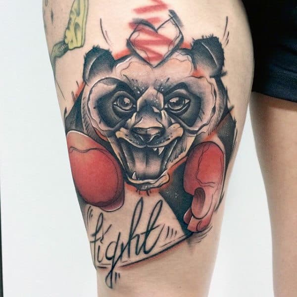 Fighting Panda Bear Mens Watercolor Thigh Tattoos