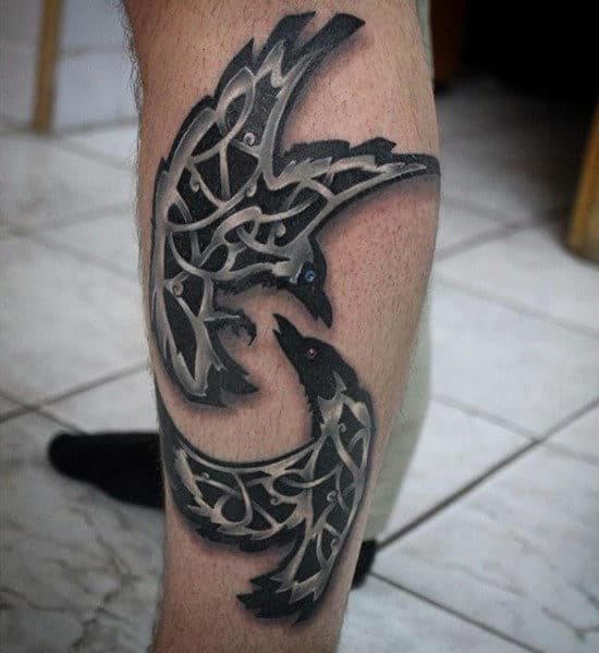 Fighting Ravens Tattoo On Calves For Men