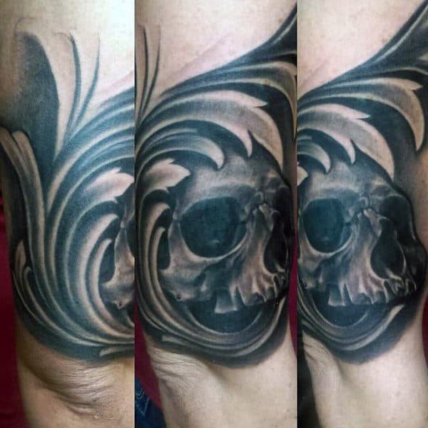 Filigree And Skull Mens Outer Forearm Tattoos
