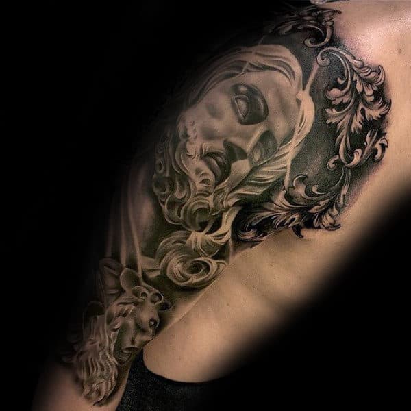 Filigree Jesus Christ Mens Full Sleeve Tattoo Design