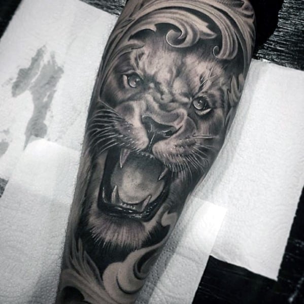 Filigree Mens Lion Forearm Sleeve Tattoos
