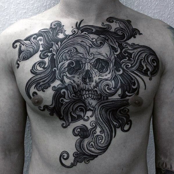 Filigree Mens Ornate Skull Chest Tattoo