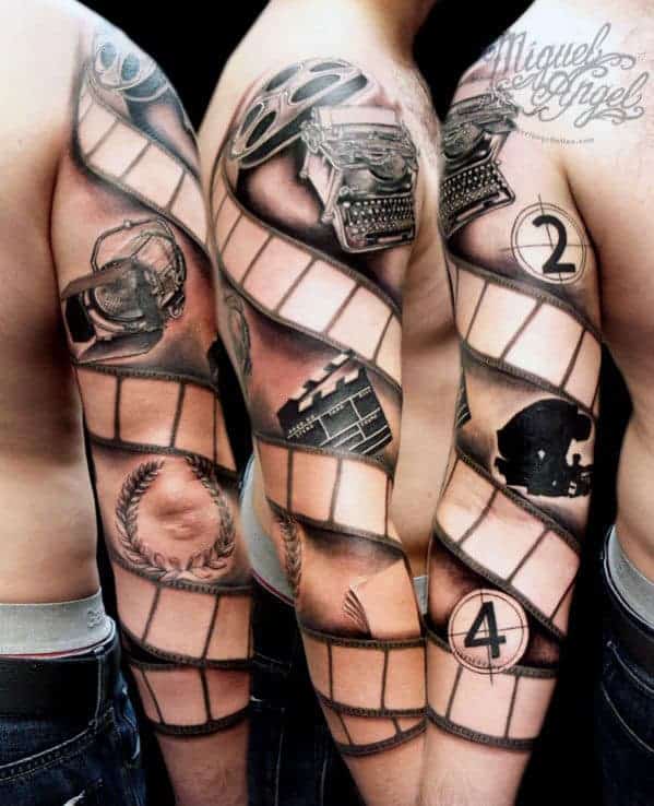 Sleeve tattoo featuring film reels, typewriters, and various film images on arms