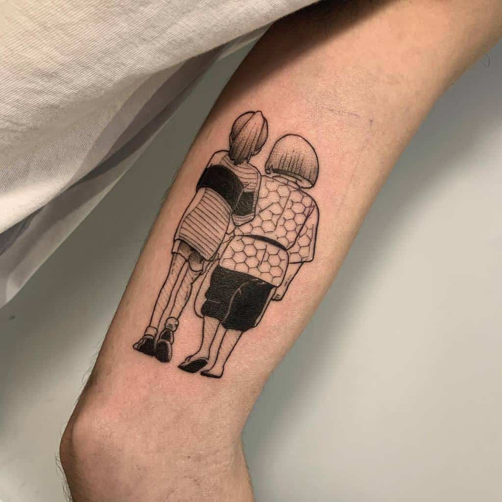 Minimalist black ink tattoo of Chihiro and Haku from Spirited Away, walking side by side, with fine linework and soft shading details