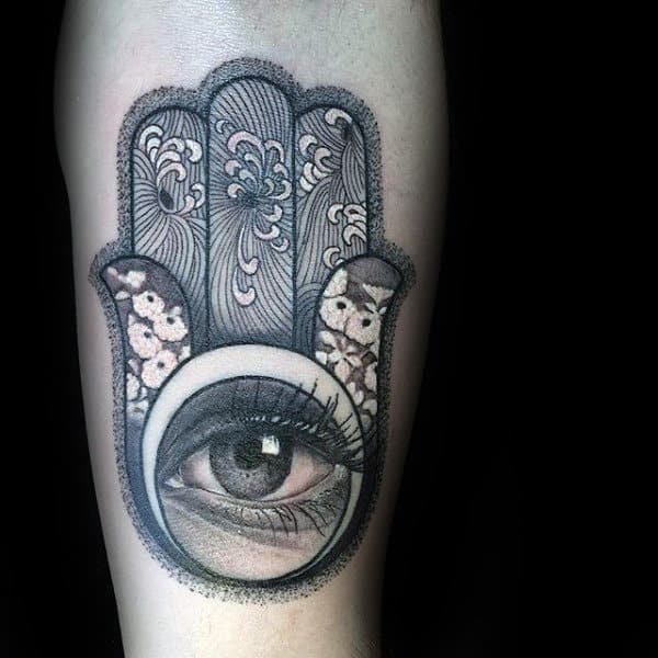 Finely Detailed Hamsa With Eye And Flower Mens Inner Forearm Tatoto