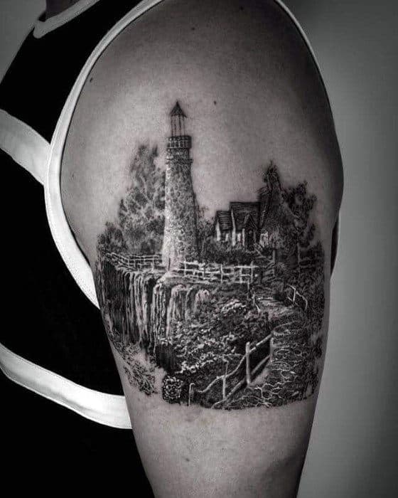 Finely Detailed Mens Awesome Lighthouse Arm Tattoos