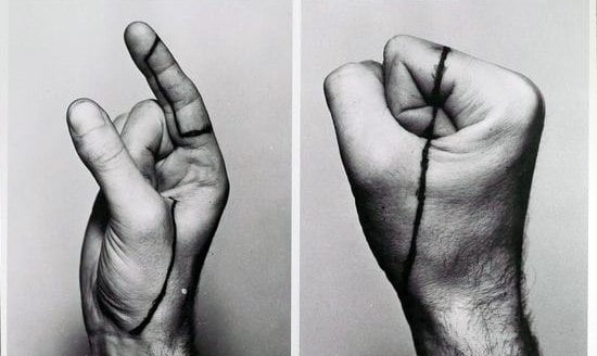 Finger And Hand Solid Black Line Tattoo Design