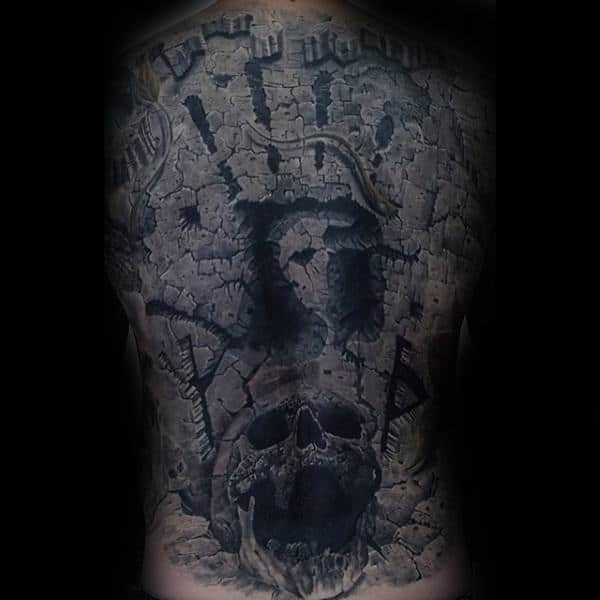 Fingerprint With Skull Stone Back Tattoos For Men