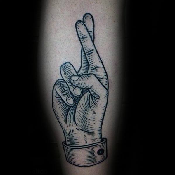 Fingers Crossed Male Tattoo On Leg With Detailed Design