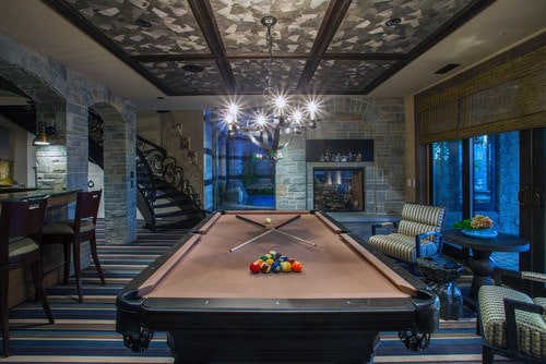 basement billiards room chandelier bar