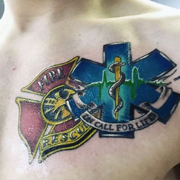 Fire Rescue With Star Of Life Guys Ems Upper Chest Tattoos