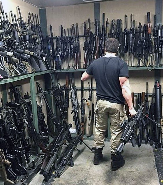 Gun room with racks of rifles, machine guns, and various firearms neatly organized.