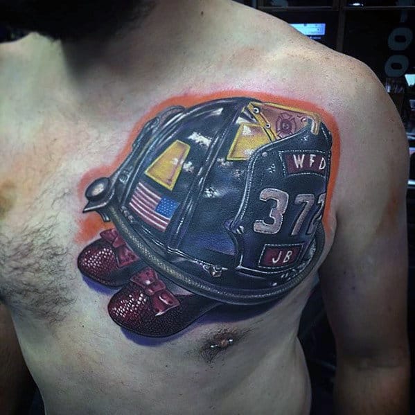 Firefighter Helmet With Red Shoes Mens Upper Chest 3d Tattoo