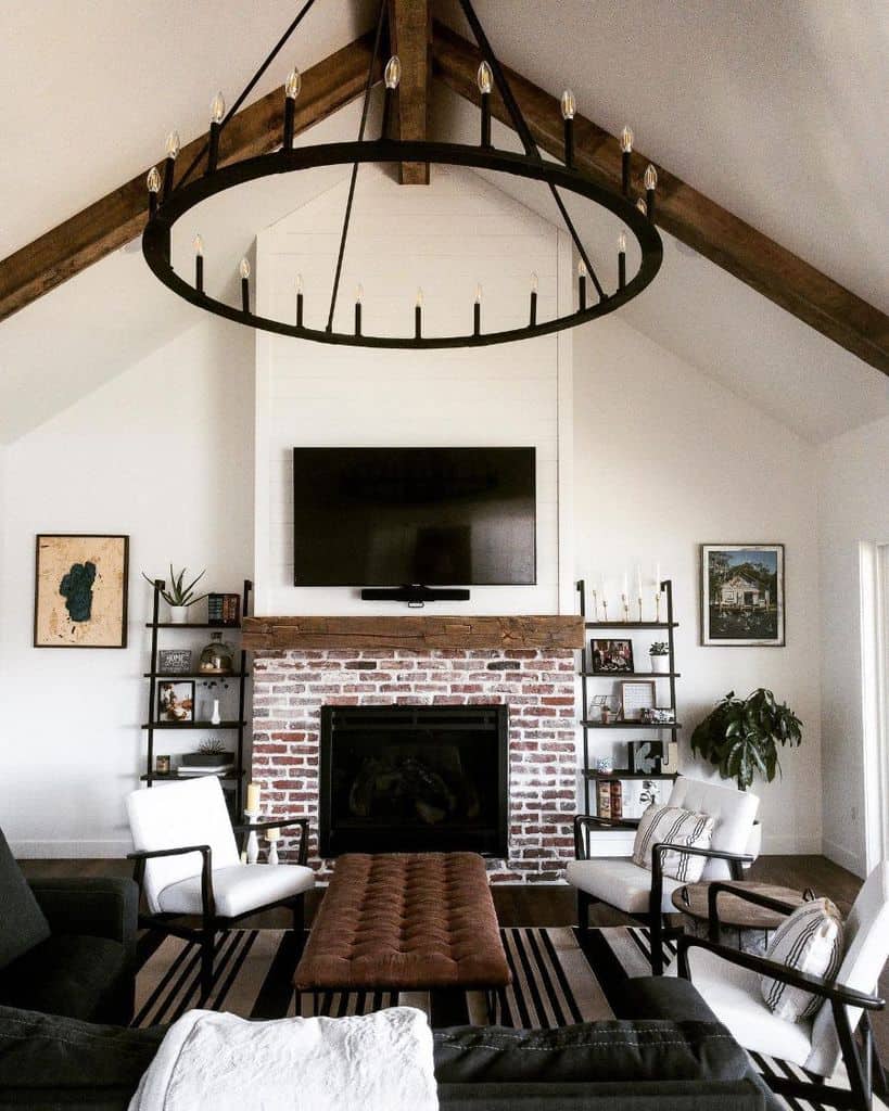 modern farmhouse living room ideas brick fireplace chandelier