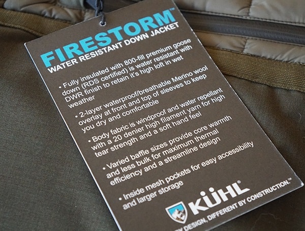 Firestorm Water Resistant Down Jacket Parka For Men Tag Features