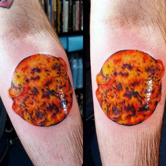Firey Orange Glowing Mens Forearm Sun Tattoo