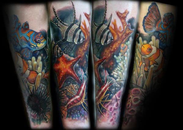 Fish And Sea Life Swimming Coral Reef Mens Sleeve Tattoo