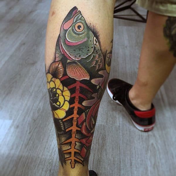 Fish Bones Artistic Guys Leg Tattoos
