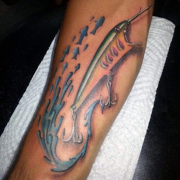Fish Hook With Splashing Water Fish Design On Guys Forearm