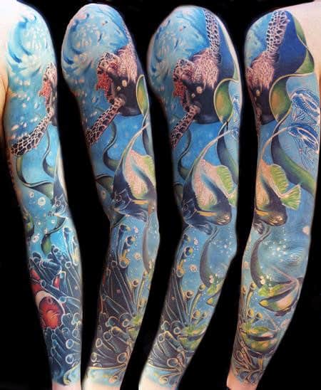 Fish Swimming In Ocean Sea Mens Sleeve Tattoos