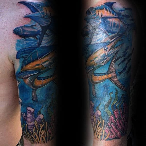 Fish With Coral Reef Half Sleeve Tattoo On Man