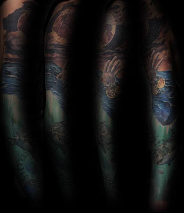 Fish With Sharks Guys Sleeve Tattoo Ideas