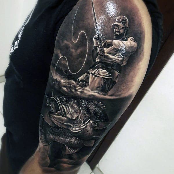 Realistic tattoo of a fisherman reeling in a giant fish, capturing passion, patience, and the thrill of the catch in dramatic detail.