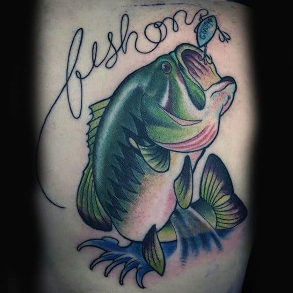 Fishing Bass Tattoo Script With Excellent Shading On Guy