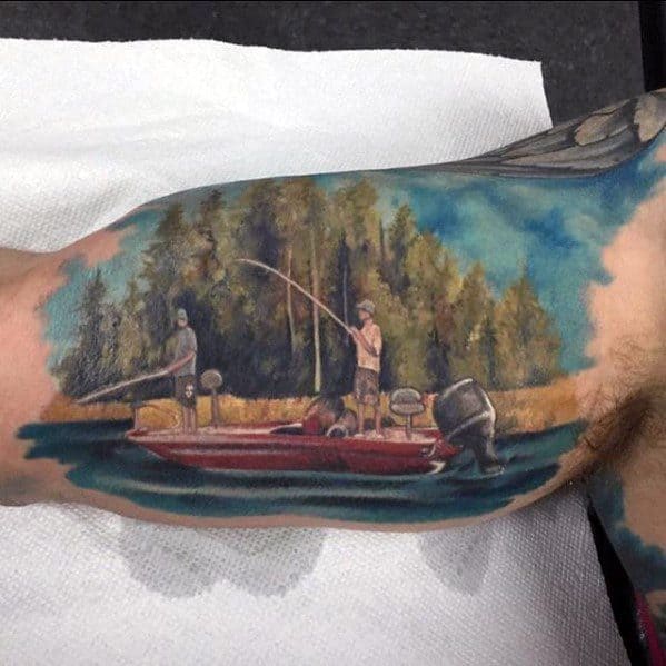 Colorful tattoo of two men fishing on a red boat in a forest lake scene, detailed with water, trees, and a clear blue sky.