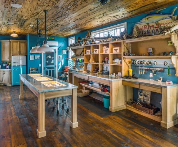 fishing themed workshop wood floor and ceiling benches