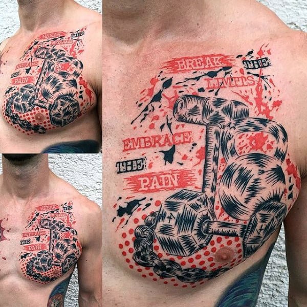 Fitness Mens Trash Polka Tattoos On Chest