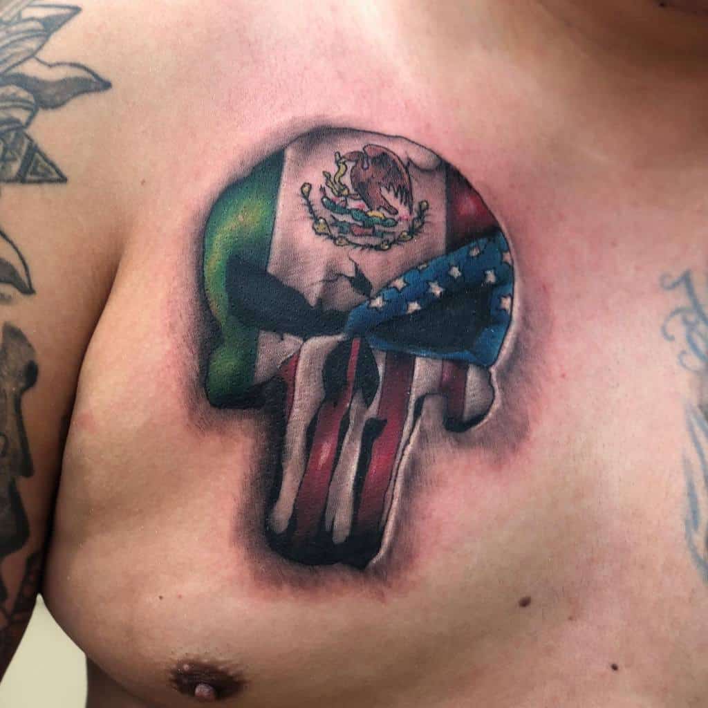 Punisher Skull tattoo on the chest, blending the Mexican and American flags, symbolizing dual national pride with bold colors and shading