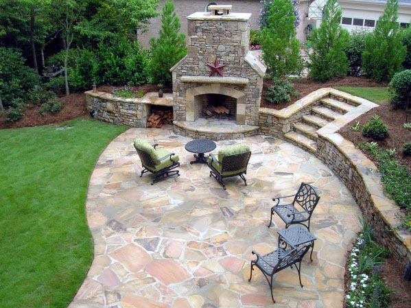Flagstone Patio Ideas With Giant Fireplace