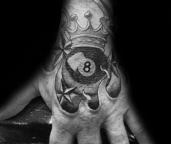 Flaming 8 Ball Mens Hand Tattoo