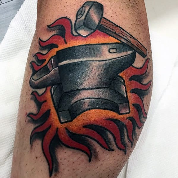 Flaming Anvil With Sledgehammer Mens Leg Calf Tattoos