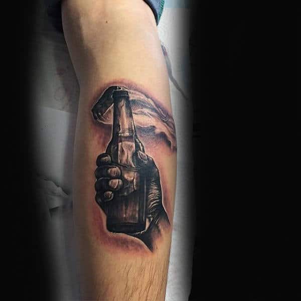 Flaming Bottle Mens Fire Leg Tattoos