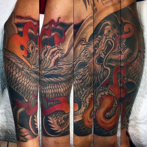 Flaming Chinese Dragon Mens Forearm Sleeve Tattoo Ideas