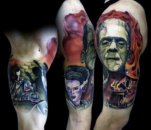 Flaming Frankenstein Mens Half Sleeve Tattoos