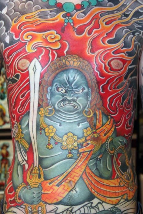 Flaming Full Chest Male Fudo Myoo Tattoo Designs