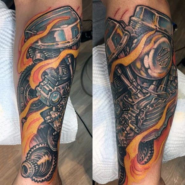 Flaming Harley Davidson Engine Mens Sleeve Tattoos