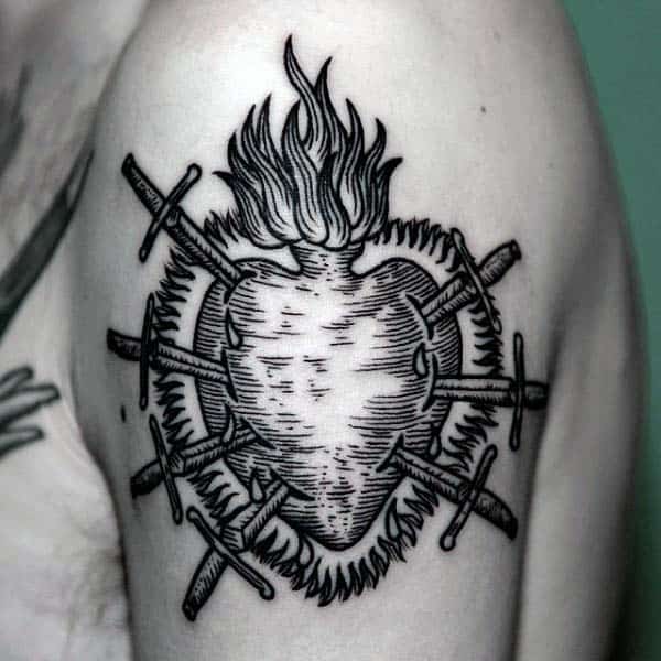 Flaming Heart With Swords Woodcut Upper Arm Guys Black Ink Tattoo