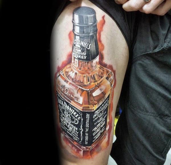 Flaming Jack Daniels Bottle Mens Thigh Tattoos