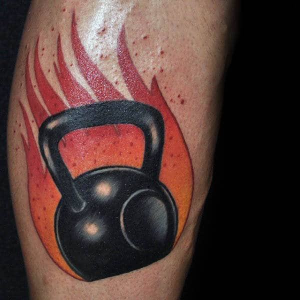 Flaming Kettle Ball Creative Mens Fitness Tattoo Ideas