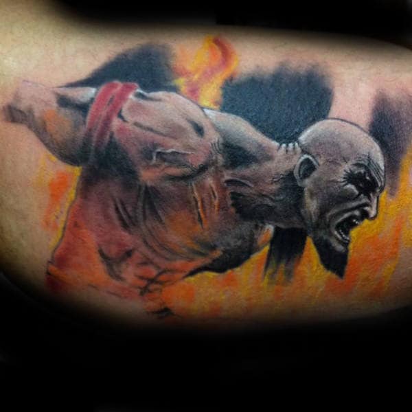 Flaming Kratos Guys Inner Arm Bicep Tattoos