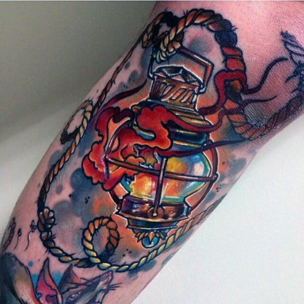 Flaming Lantern Modern Arm Male Tattoo