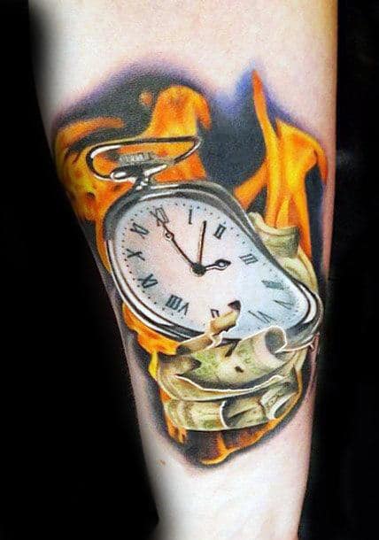 Flaming Melting Clock Mens Realistic 3d Forearm Tattoo